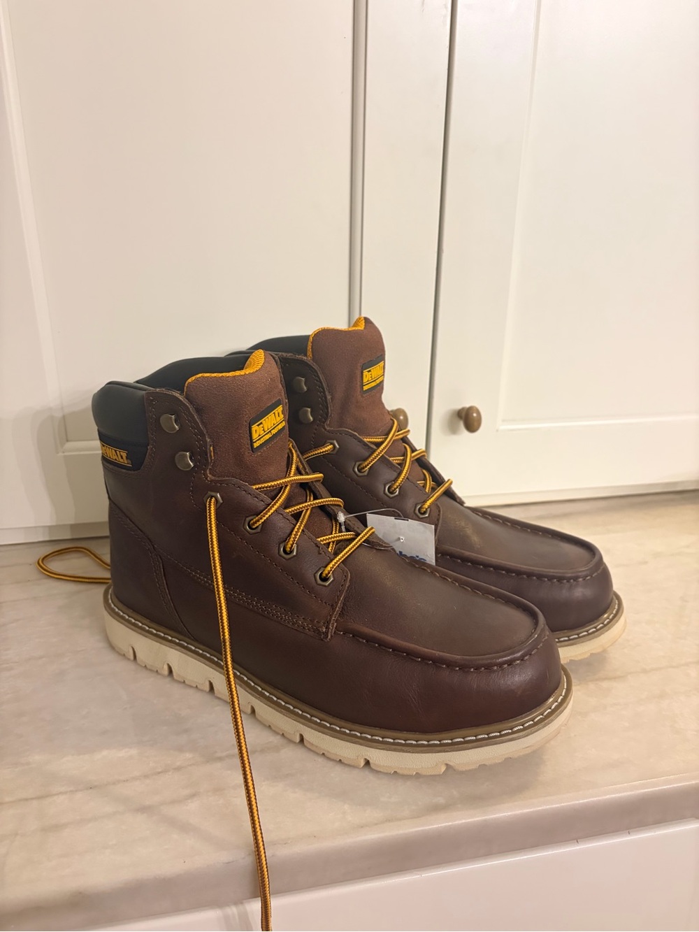 Men's Brown Work Boots with Cream Outsole and Yellow Accents
